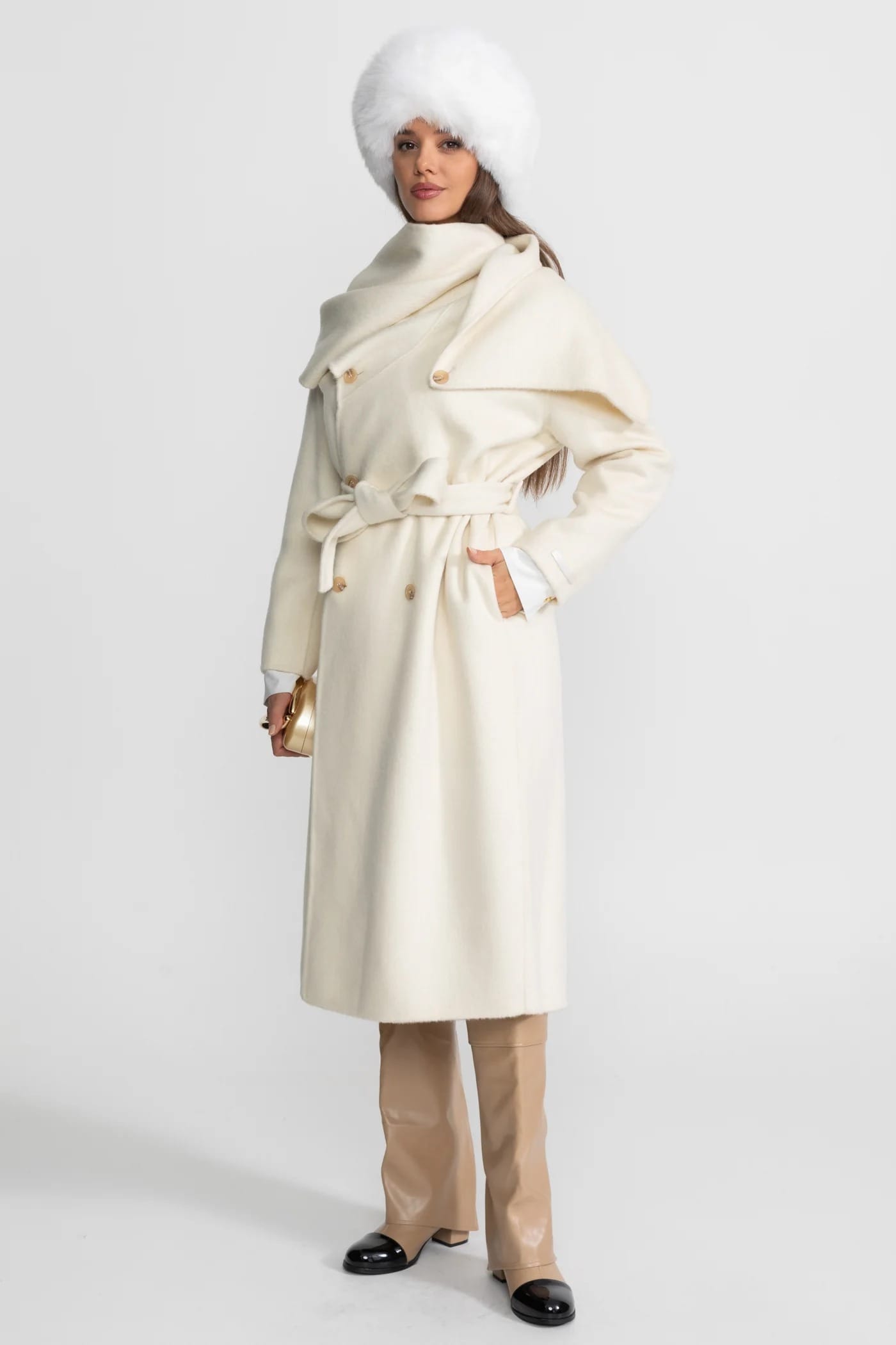 Oversized Coat with Attached Scarf - White