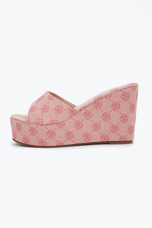 Platform Wedge Sandals with All-Over Monogram - Pink