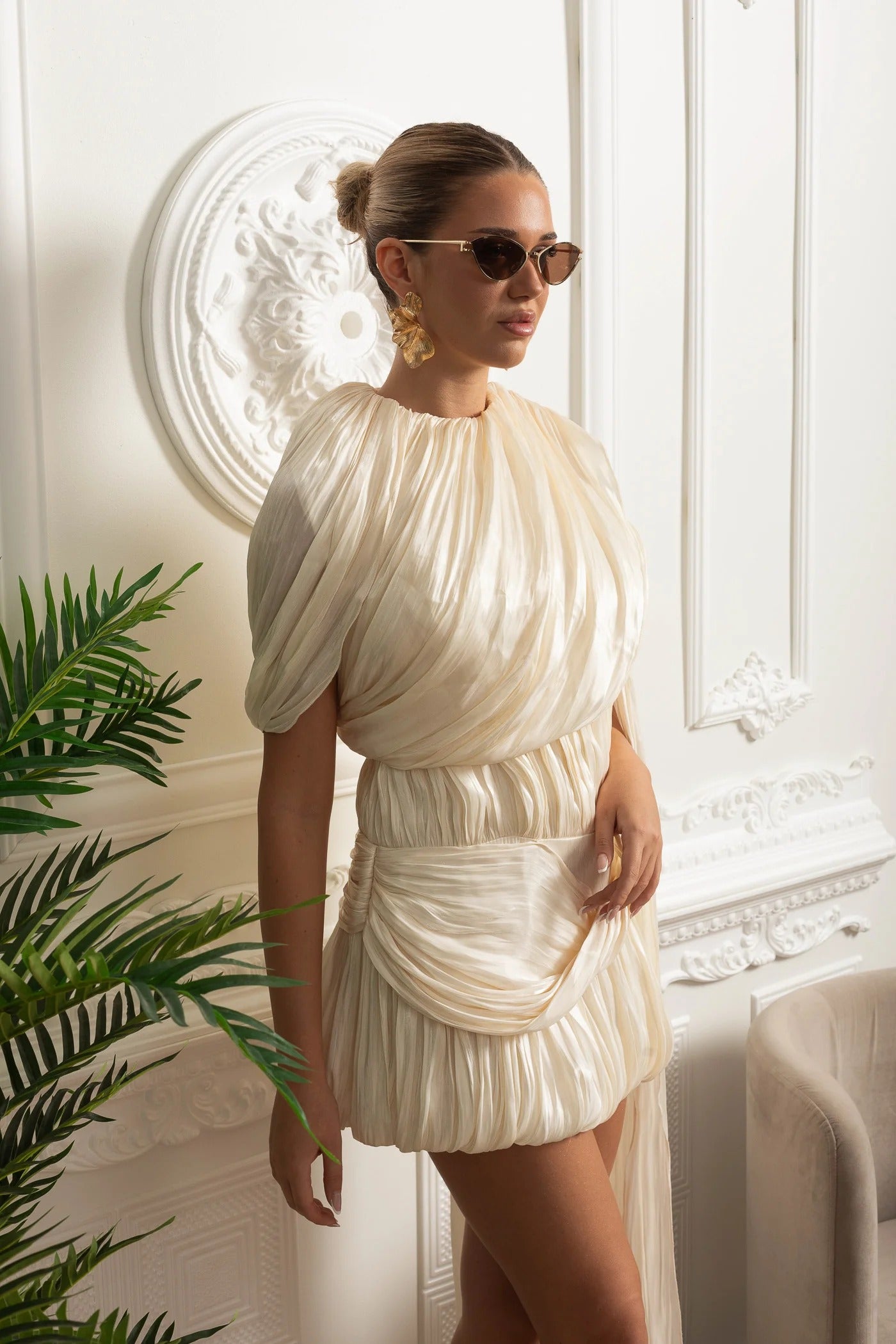 Draped Mini Dress With Floor-Length Scarf Detail - Ivoire
