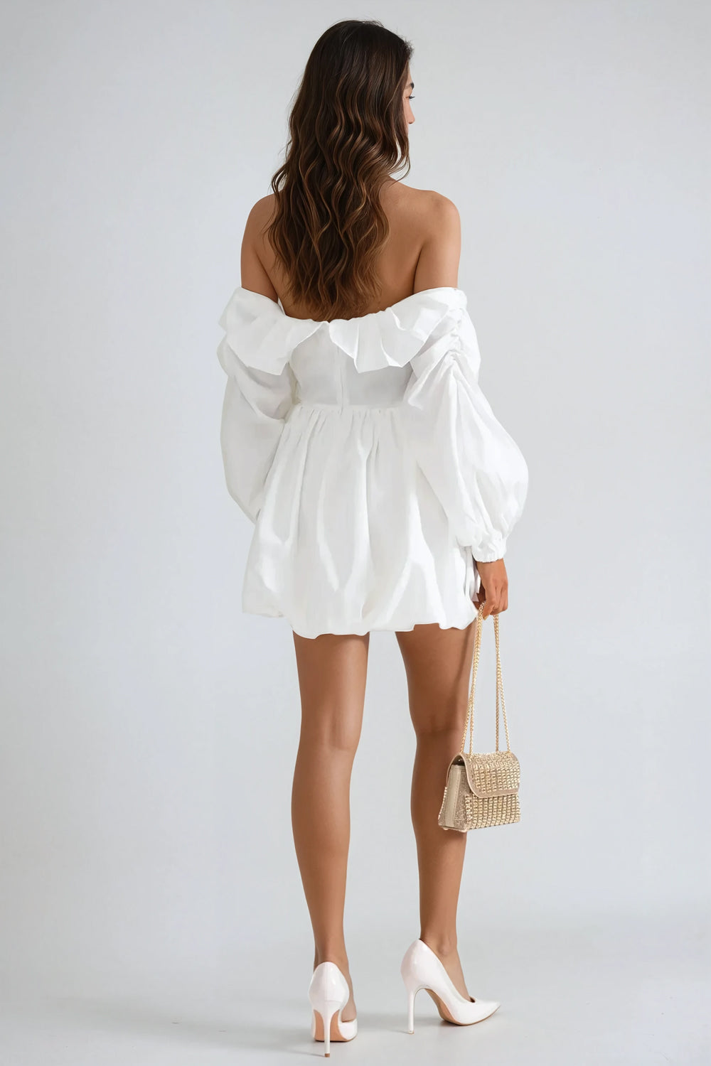 Off-Shoulder Long Sleeve Bubble Hem Mini Dress - White