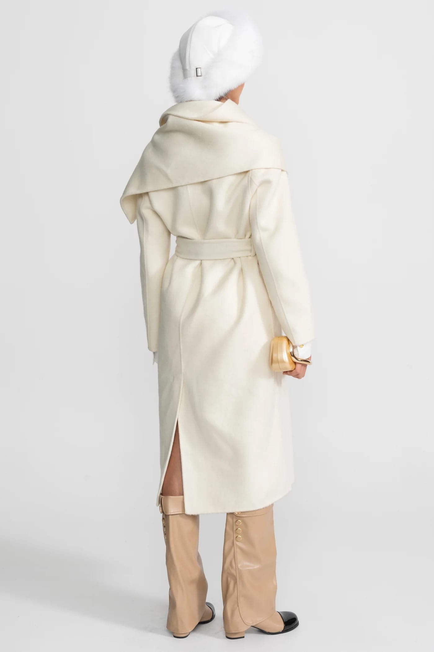 Oversized Coat with Attached Scarf - White