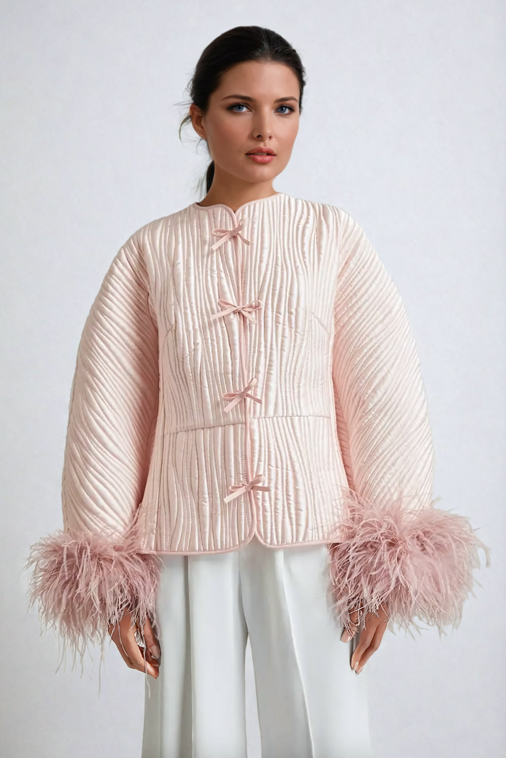 Quilted Blazer with Feather-Trimmed Sleeves and Bow Closure - Pink