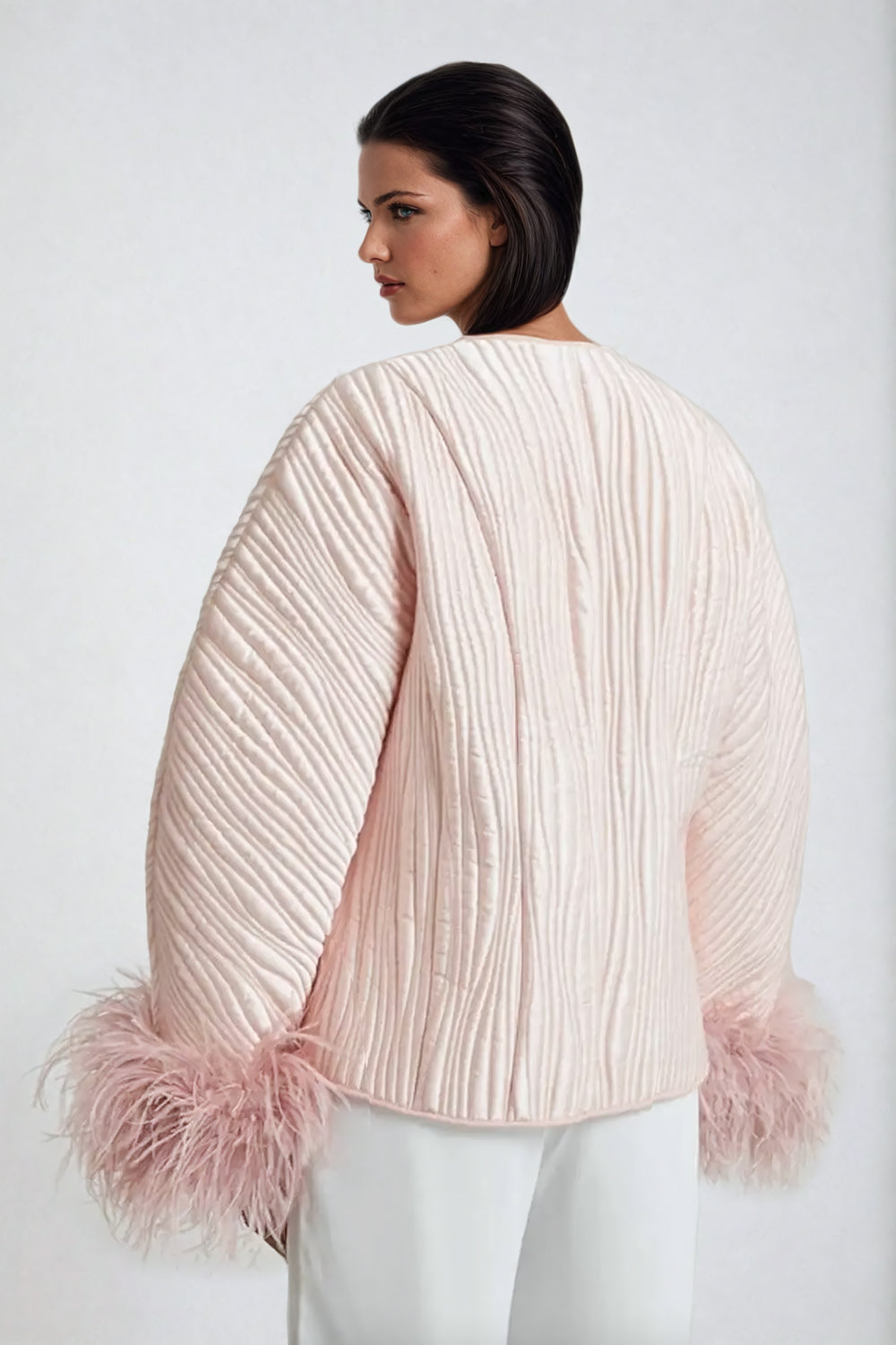 Quilted Blazer with Feather-Trimmed Sleeves and Bow Closure - Pink
