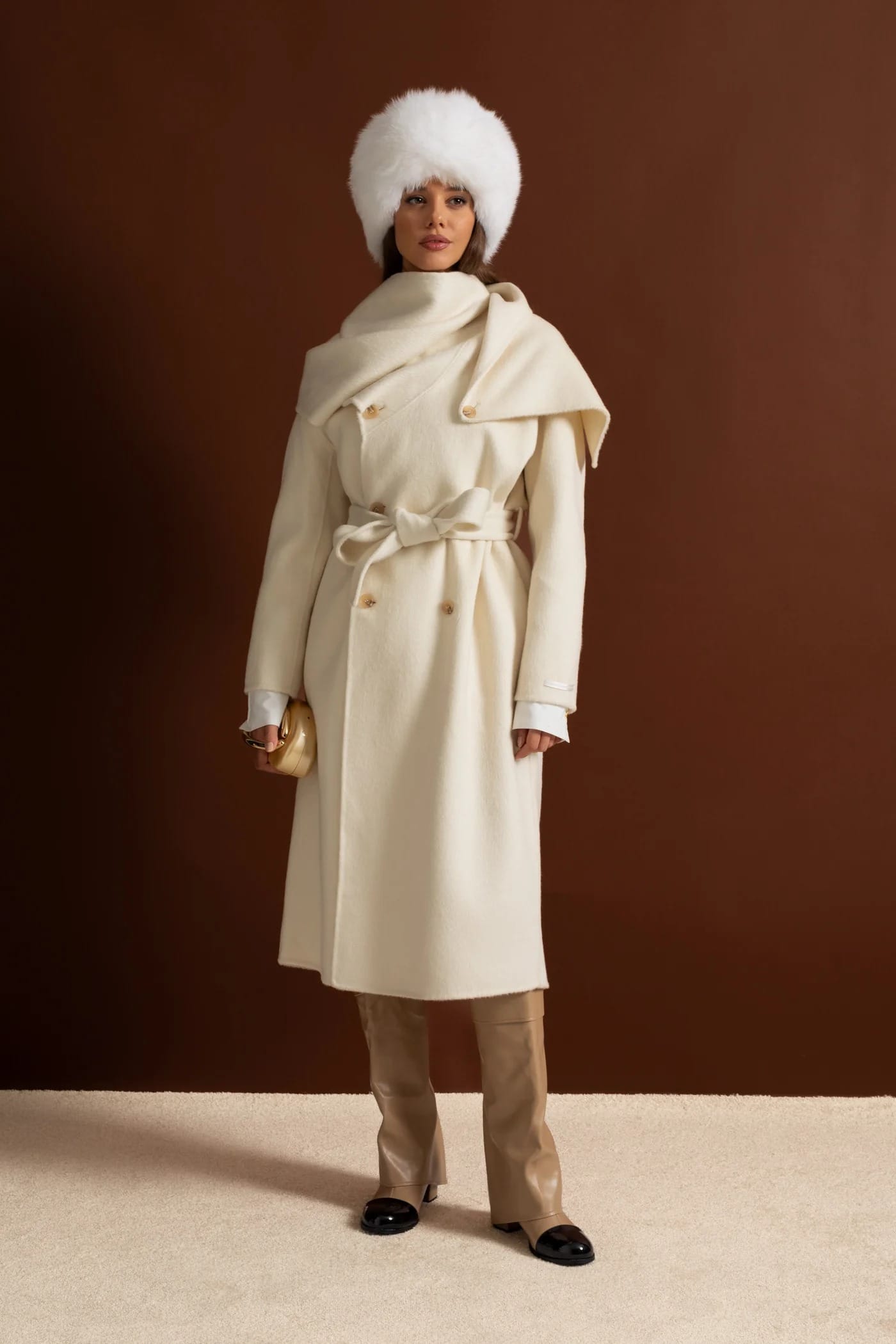 Oversized Coat with Attached Scarf - White