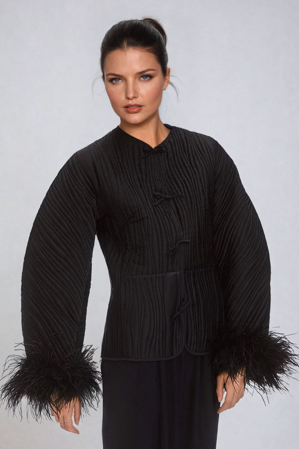 Quilted Blazer with Feather-Trimmed Sleeves and Bow Closure - Black