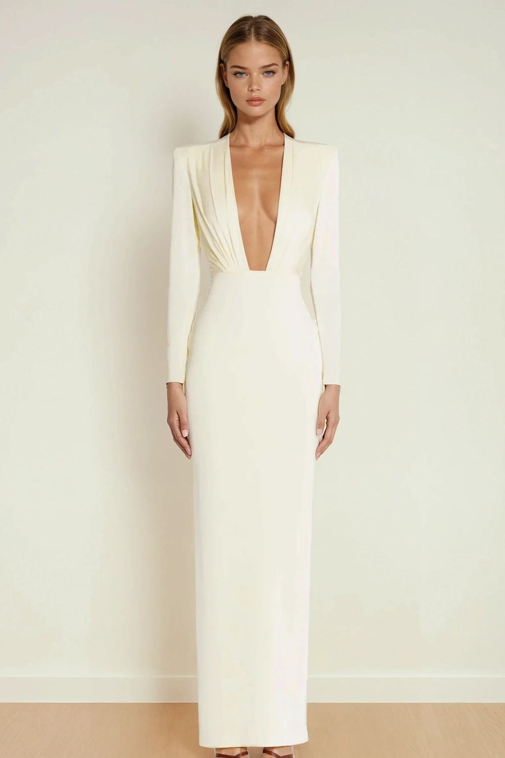 Long Sleeve Deep Plunge Maxi Dress - White