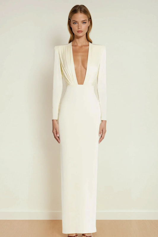 Long Sleeve Deep Plunge Maxi Dress - White