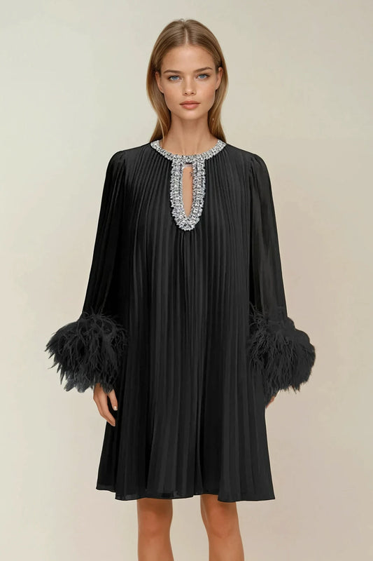 Pleated Mini Dress with Crystal Embellished and Feather Cuffs - Black
