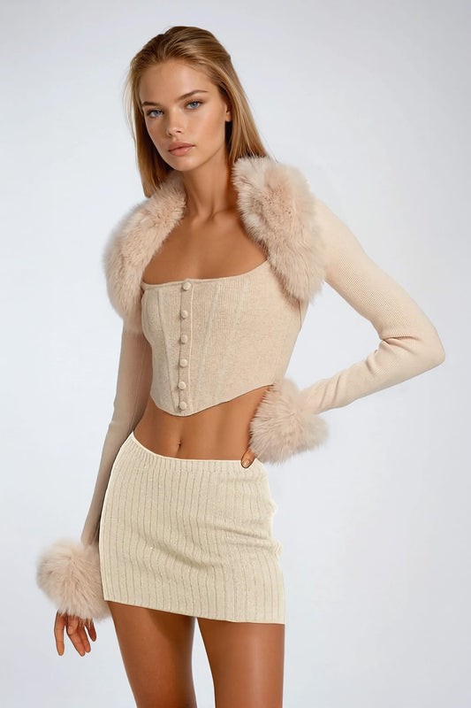 Two-Piece Set with Furry Trim Jacket and Mini Skirt - Apricot