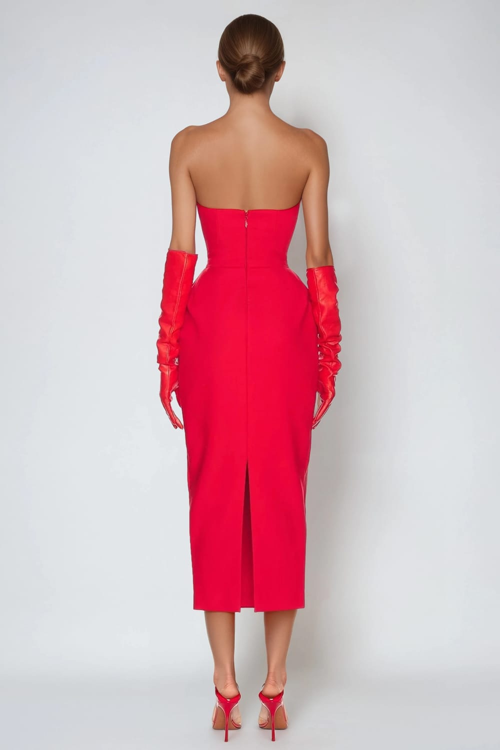 Strapless Bow Detail Midi Dress - Red