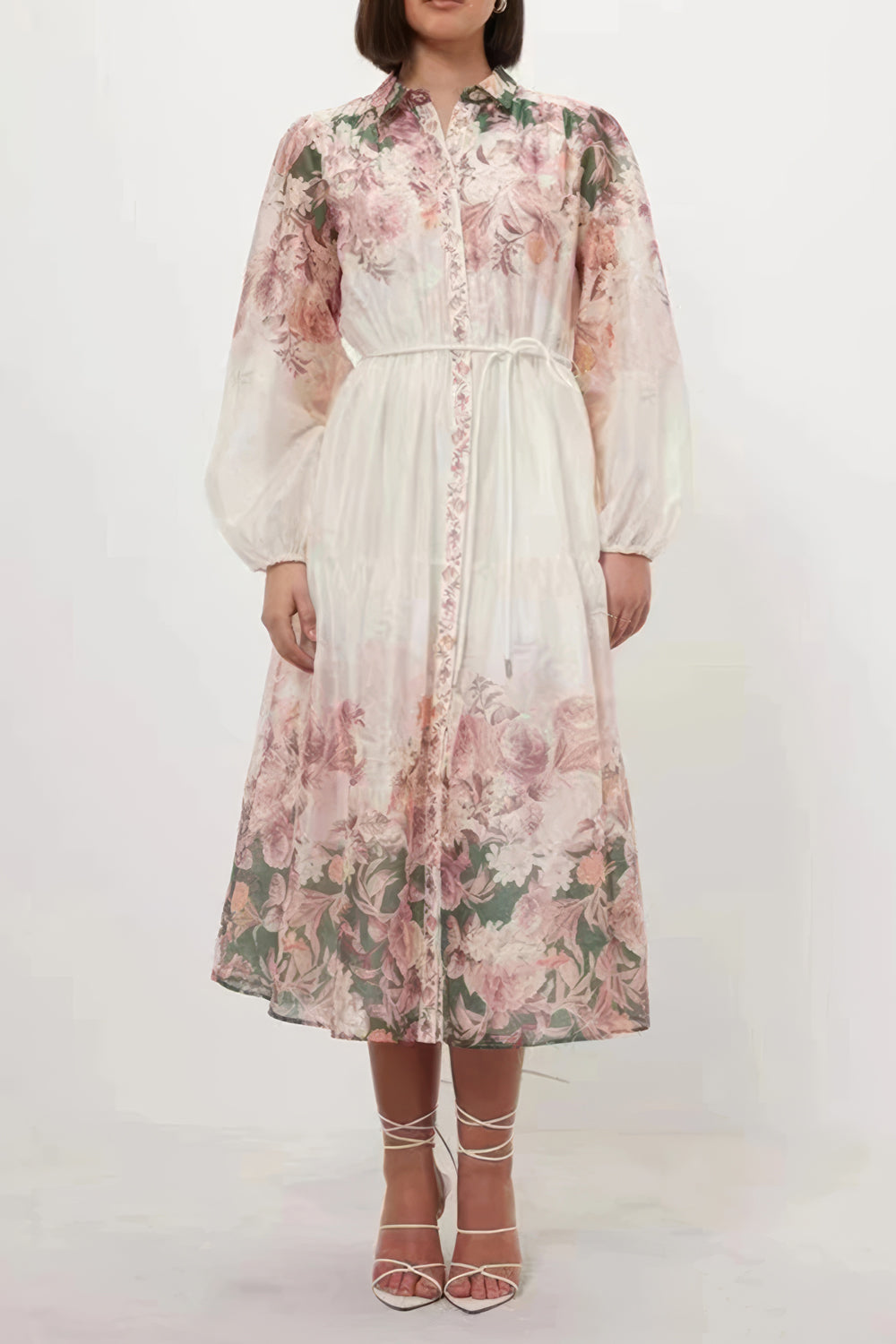 Floral Printed Long Sleeve Midi Dress with Tie Waist