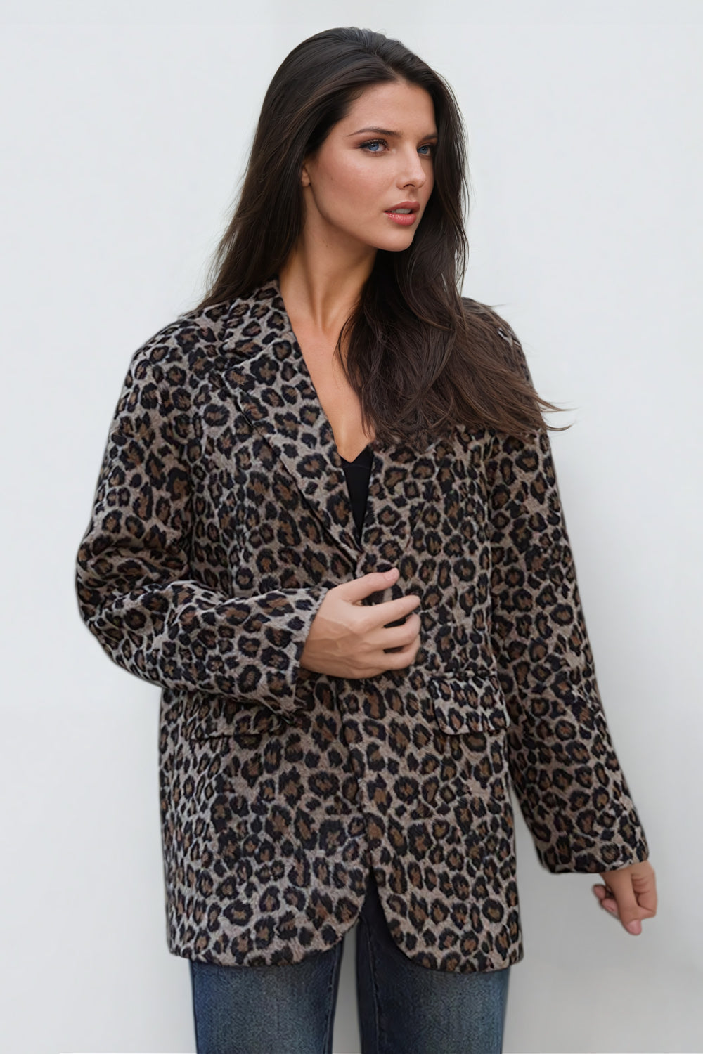 Leopard Print Blazer with Back Slit - Brown