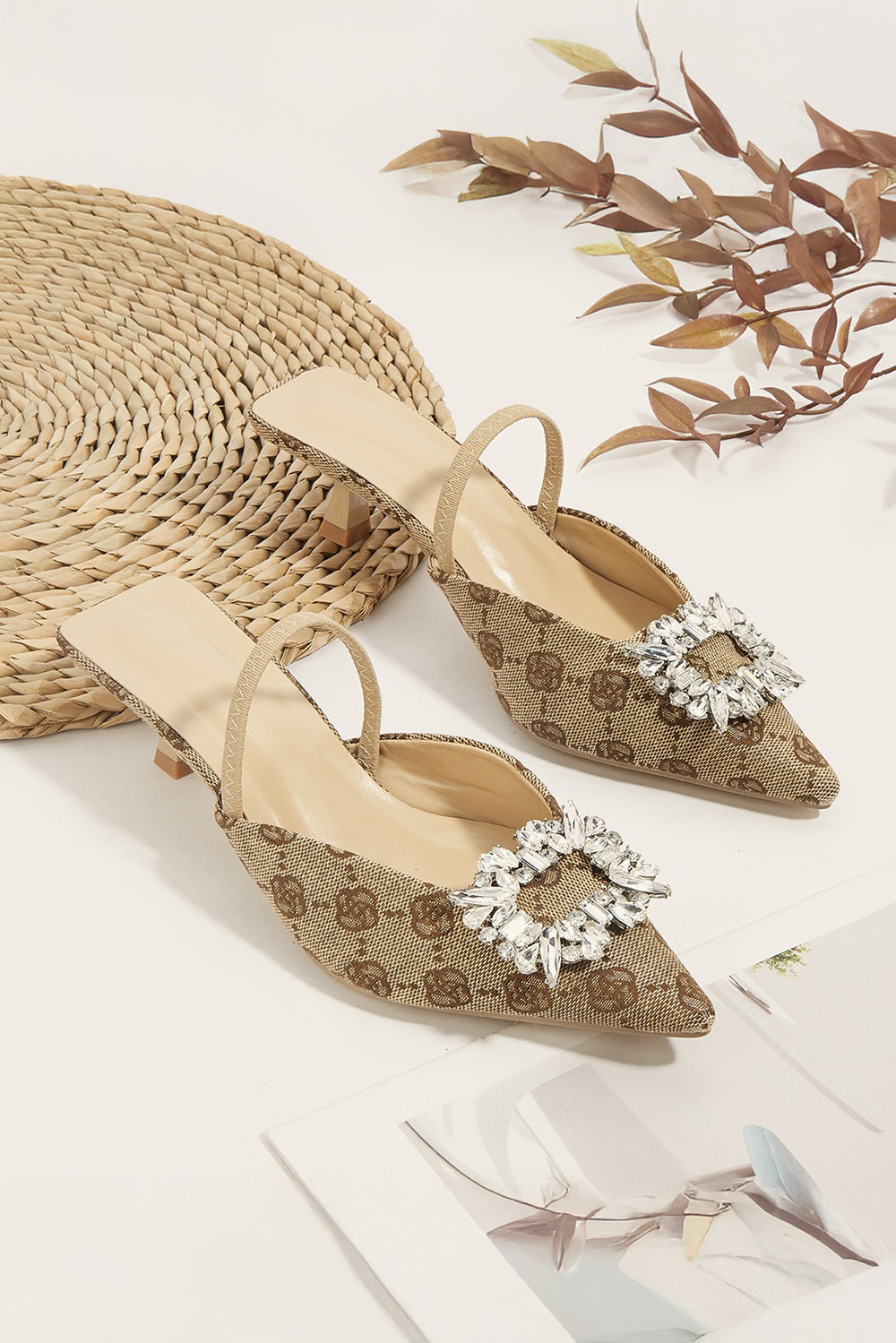 Pointed Toe Slingback Mules with Crystal Accent - Khaki