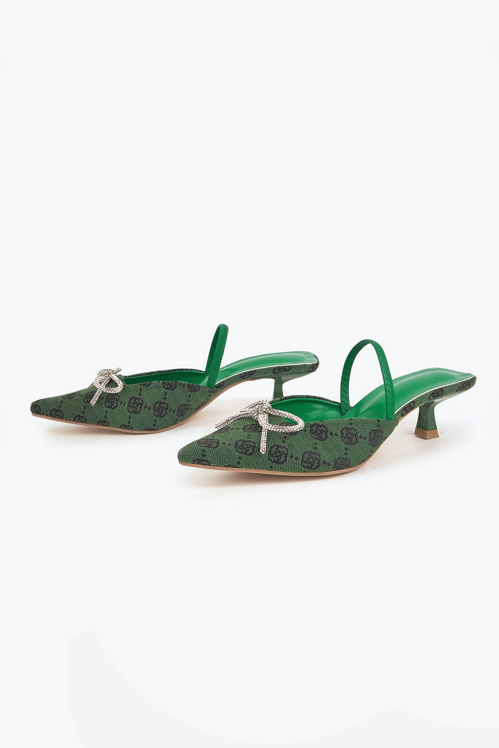 Pointed Toe Slingback Mules with Crystal Accent - Green