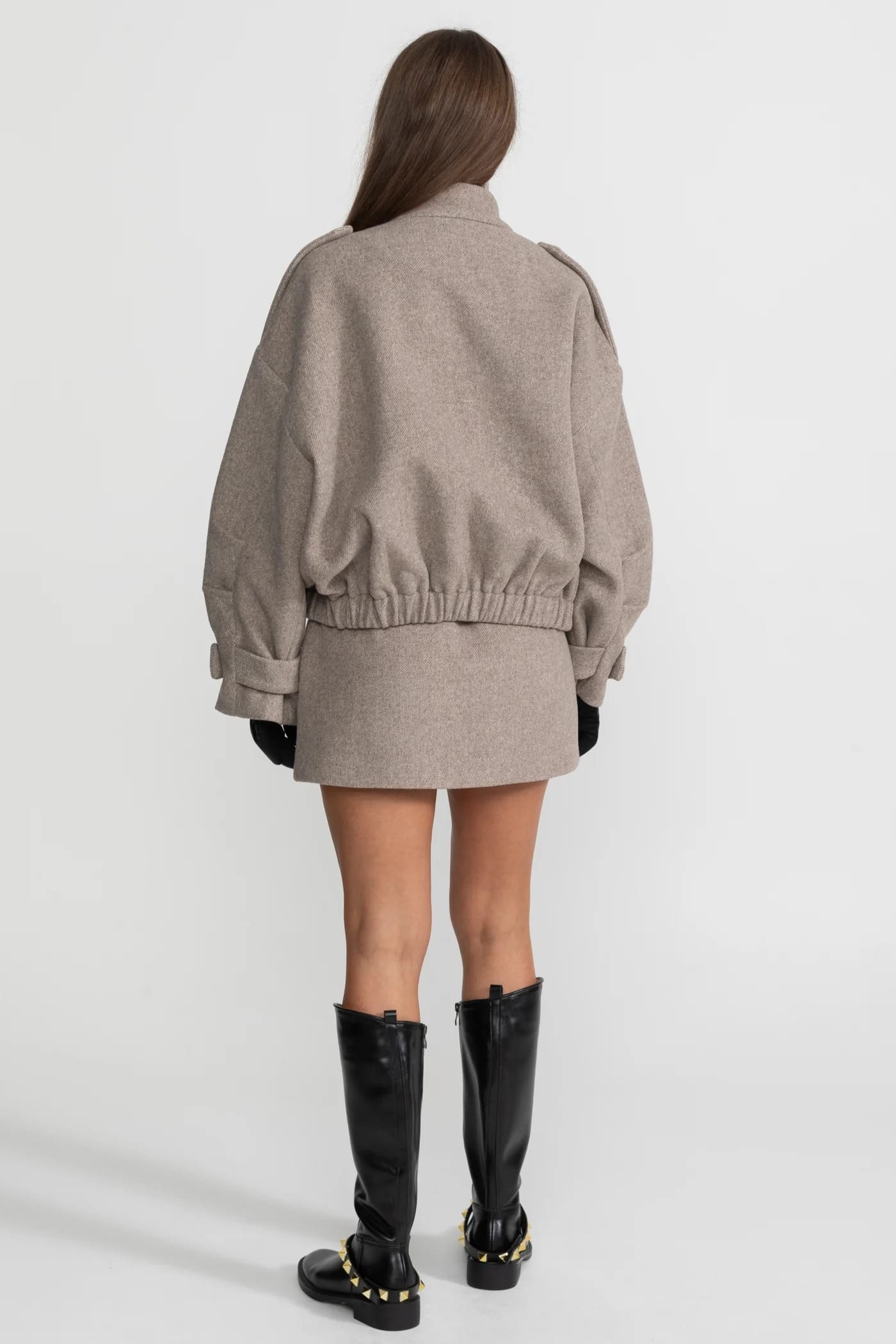 Two-Piece Set with High Neck Jacket and Mini Skirt - Gray