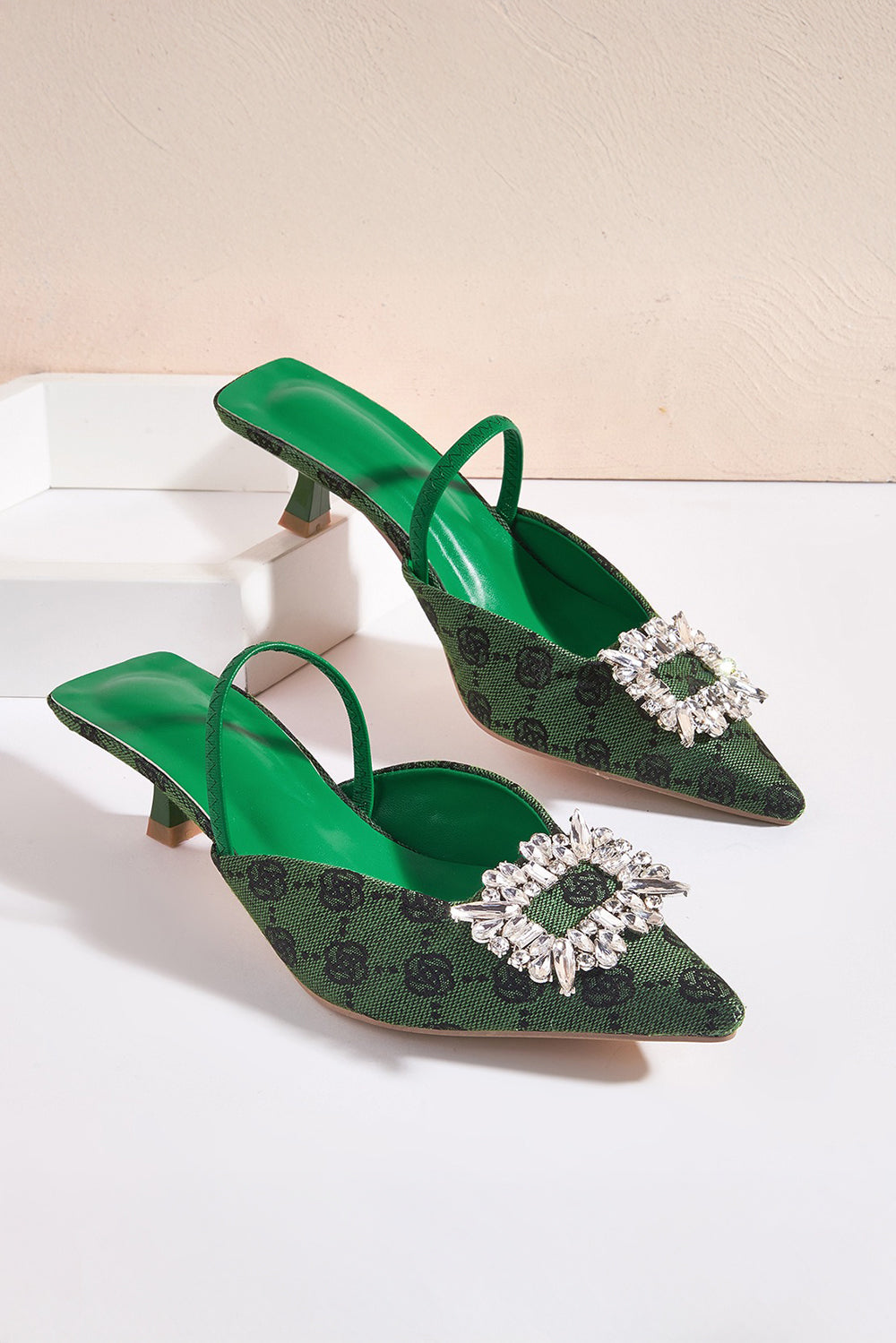 Pointed Toe Slingback Mules with Crystal Accent - Green