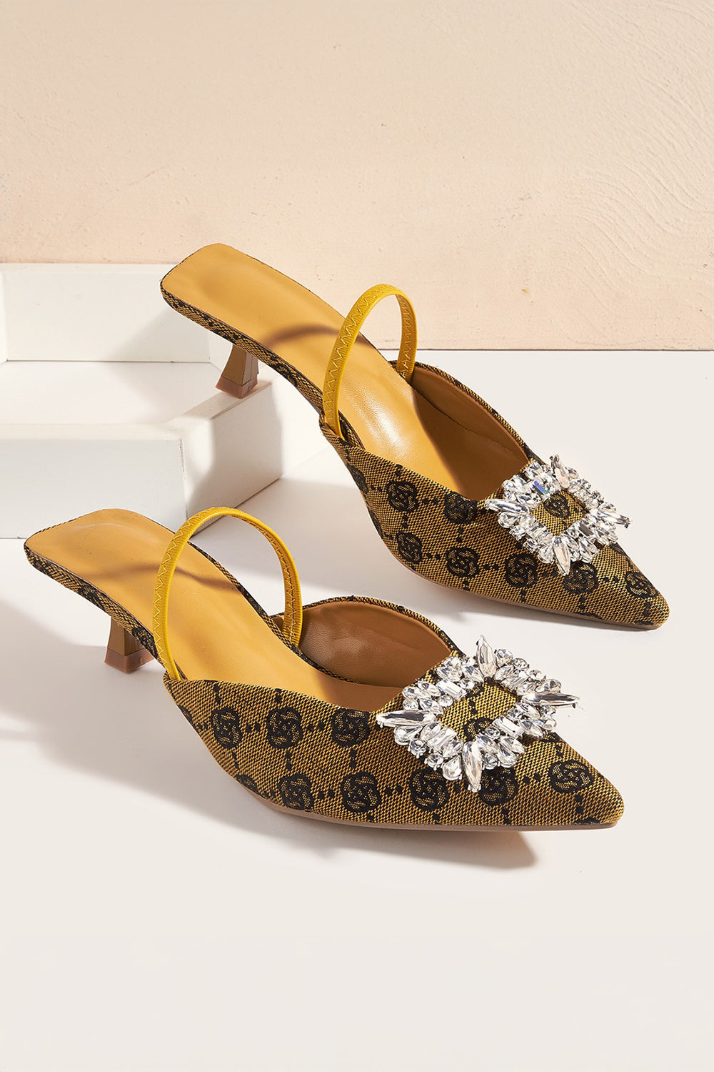 Pointed Toe Slingback Mules with Crystal Accent - Yellow