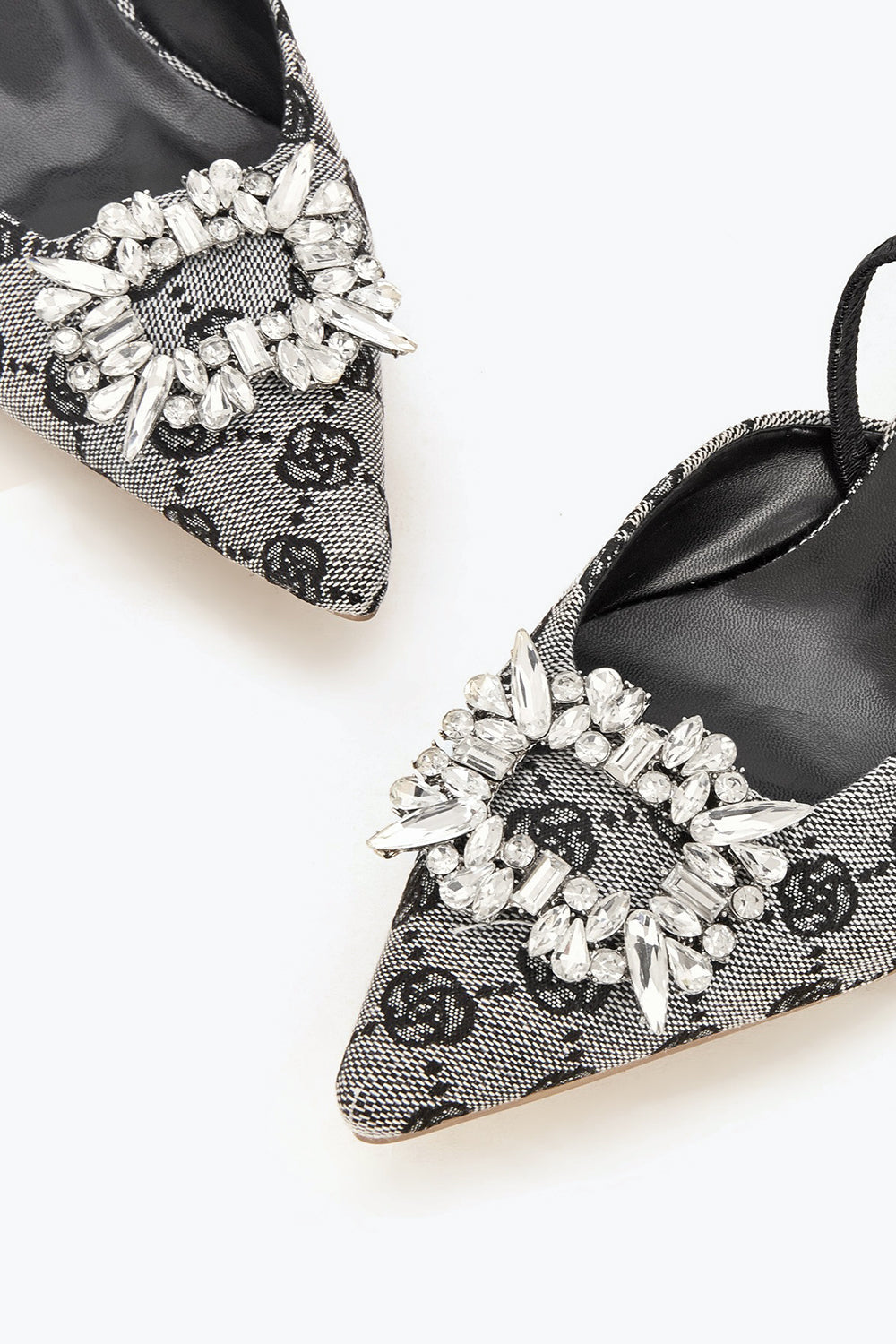 Pointed Toe Slingback Mules with Crystal Accent - Black