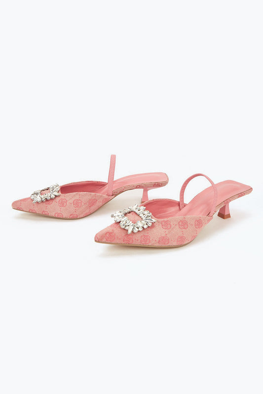 Pointed Toe Slingback Mules with Crystal Accent - Pink
