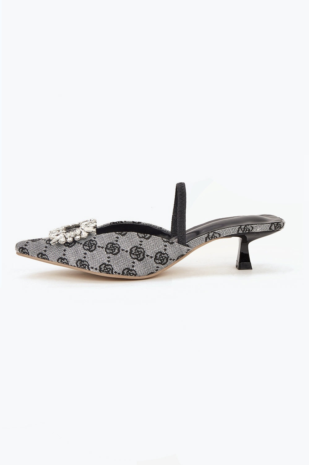 Pointed Toe Slingback Mules with Crystal Accent - Black