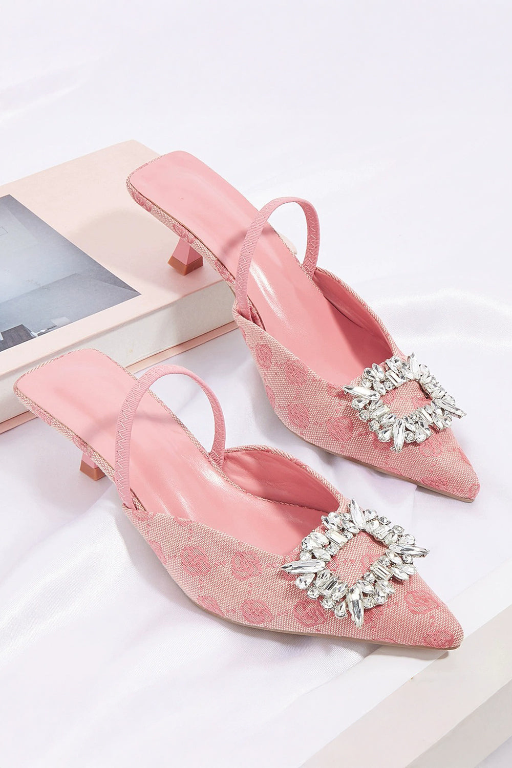 Pointed Toe Slingback Mules with Crystal Accent - Pink