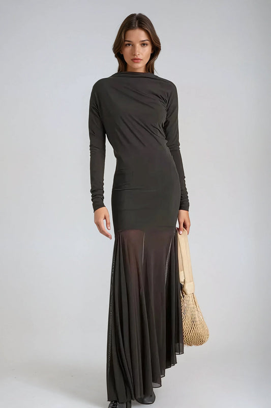 Long Sleeve Sheer Maxi Dress - Blue