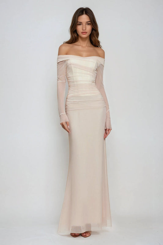 Off-Shoulder Sheer Maxi Dress - Beige