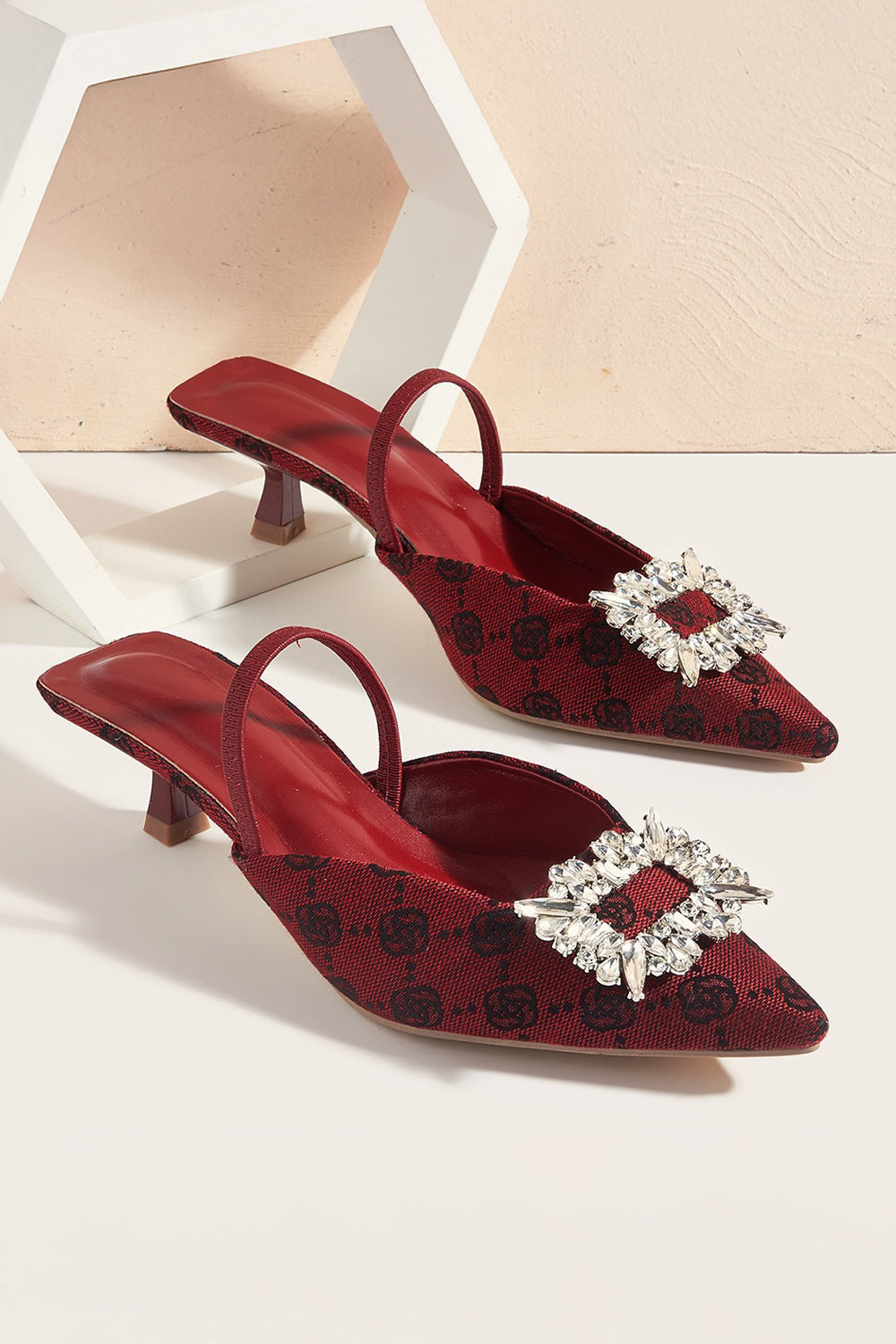Pointed Toe Slingback Mules with Crystal Accent - Red
