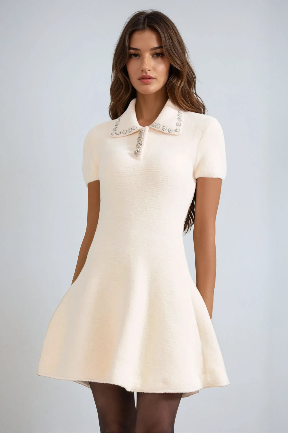 Short Sleeve Fit and Flare Mini Dress - Beige