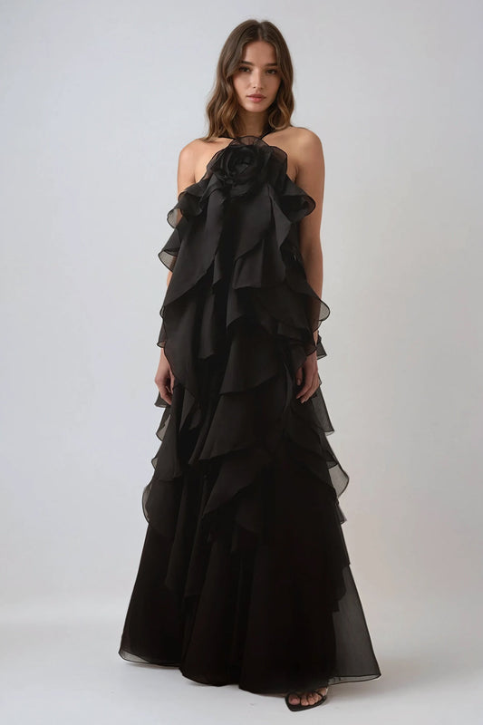 Layered Ruffle Halter Maxi Dress - Black