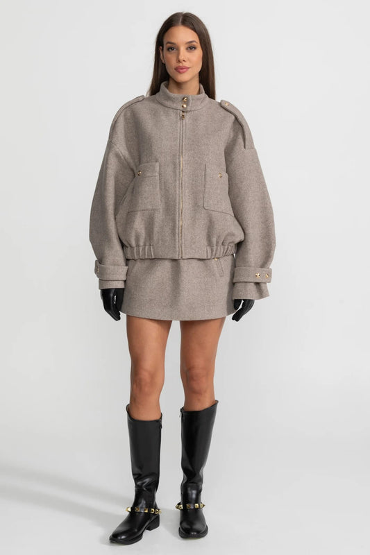 Two-Piece Set with High Neck Jacket and Mini Skirt - Gray