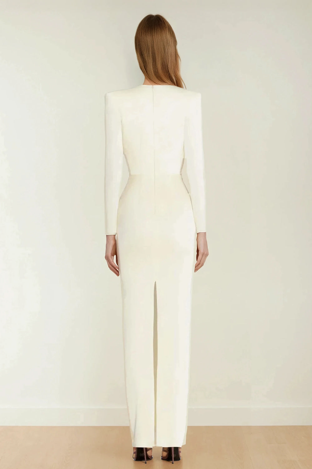 Long Sleeve Deep Plunge Maxi Dress - White