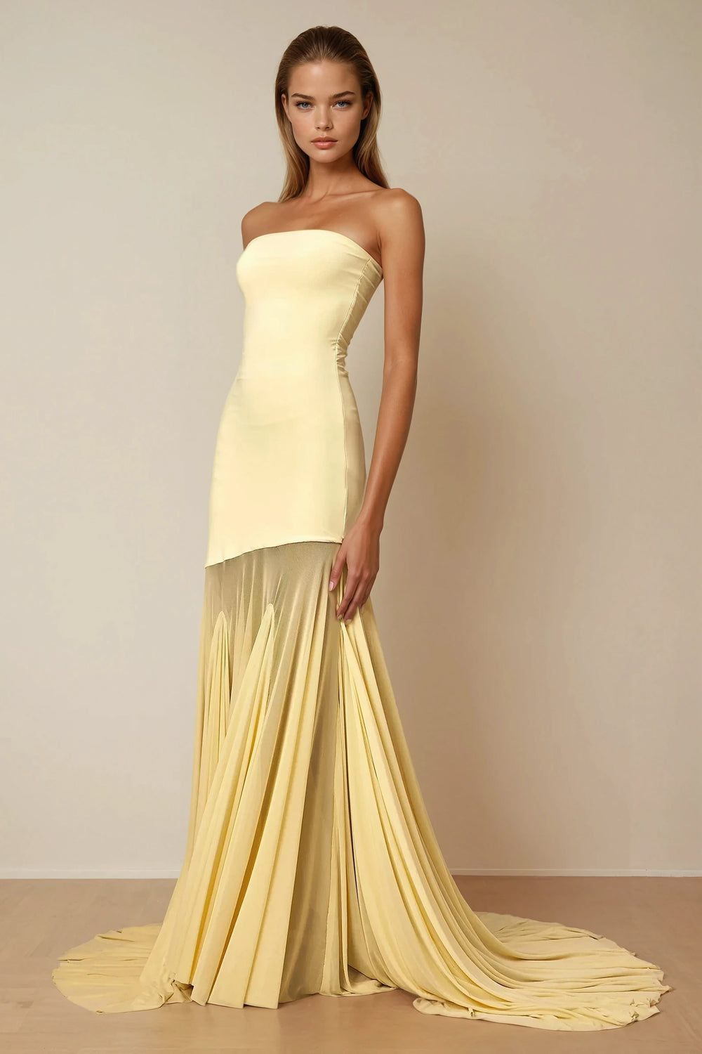 Strapless Maxi Dress with Sheer Pleated Hem and Long Train - Yellow