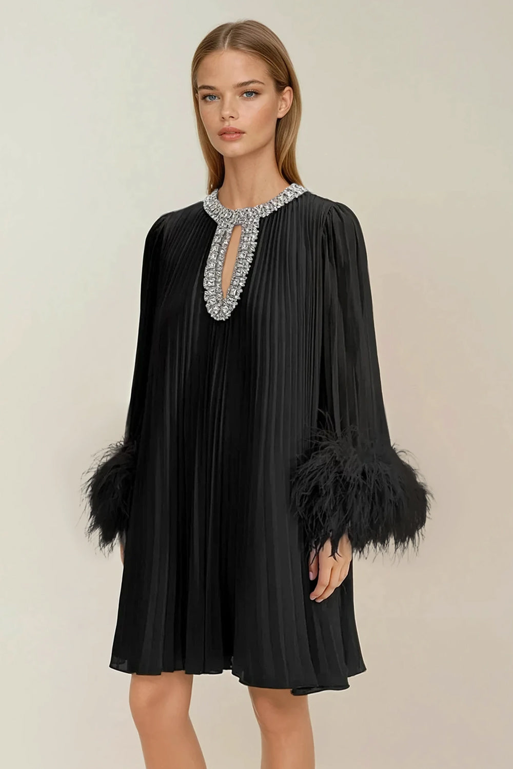 Pleated Mini Dress with Crystal Embellished and Feather Cuffs - Black
