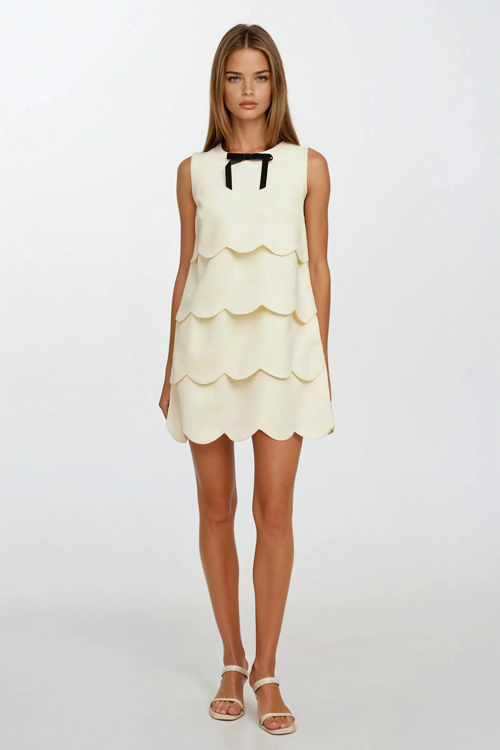 Sleeveless Scalloped Mini Dress with Bow Detail - White
