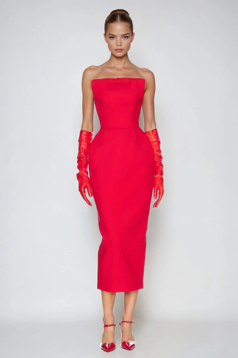 Strapless Bow Detail Midi Dress - Red