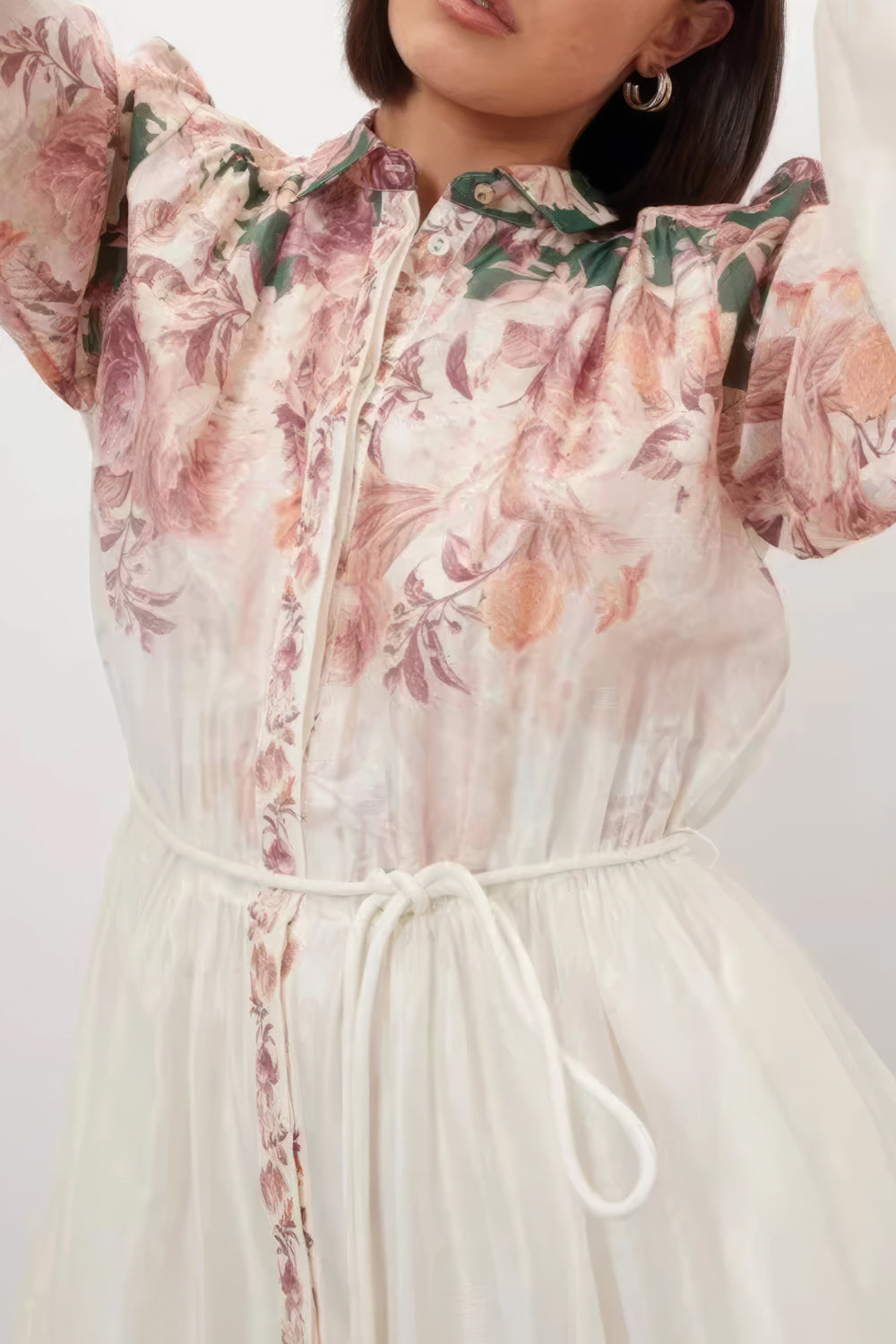 Floral Printed Long Sleeve Midi Dress with Tie Waist