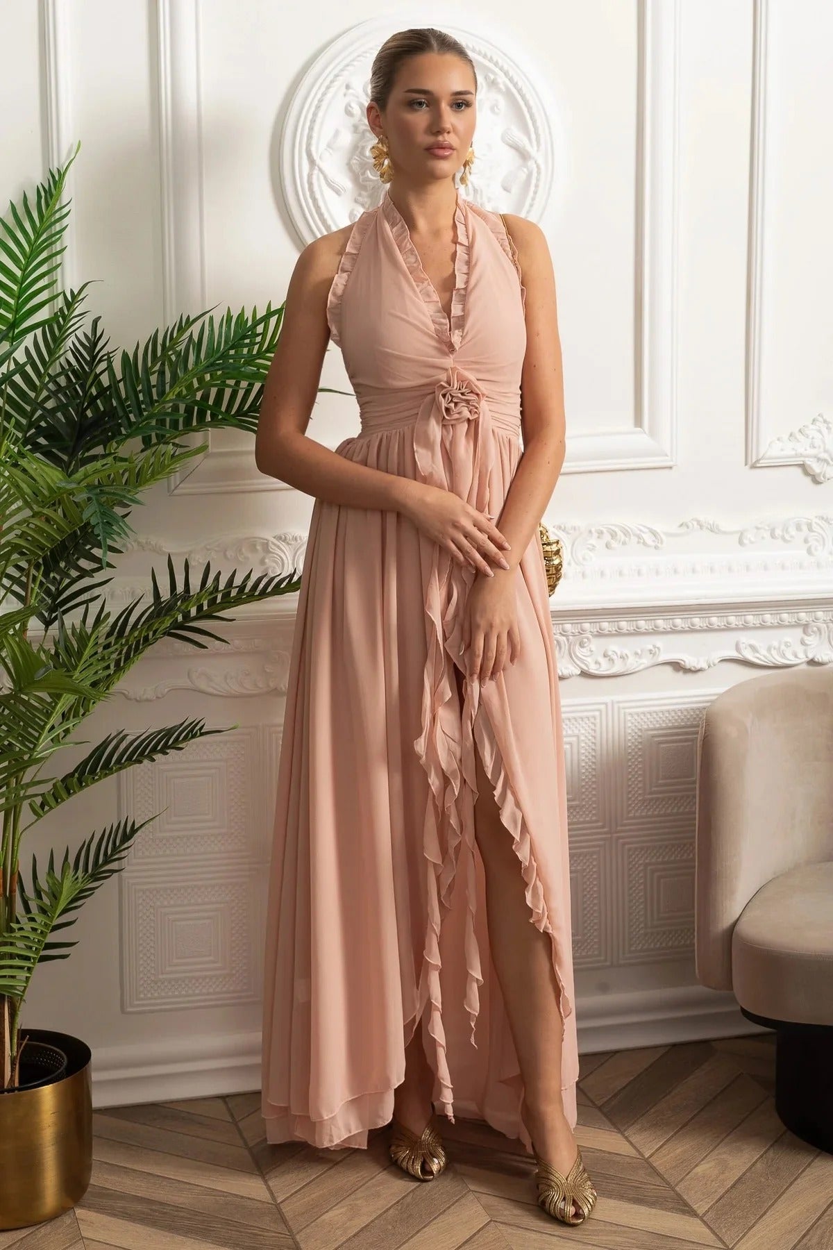 Ruffled Halter Maxi Dress With Rosette Detail - Pink