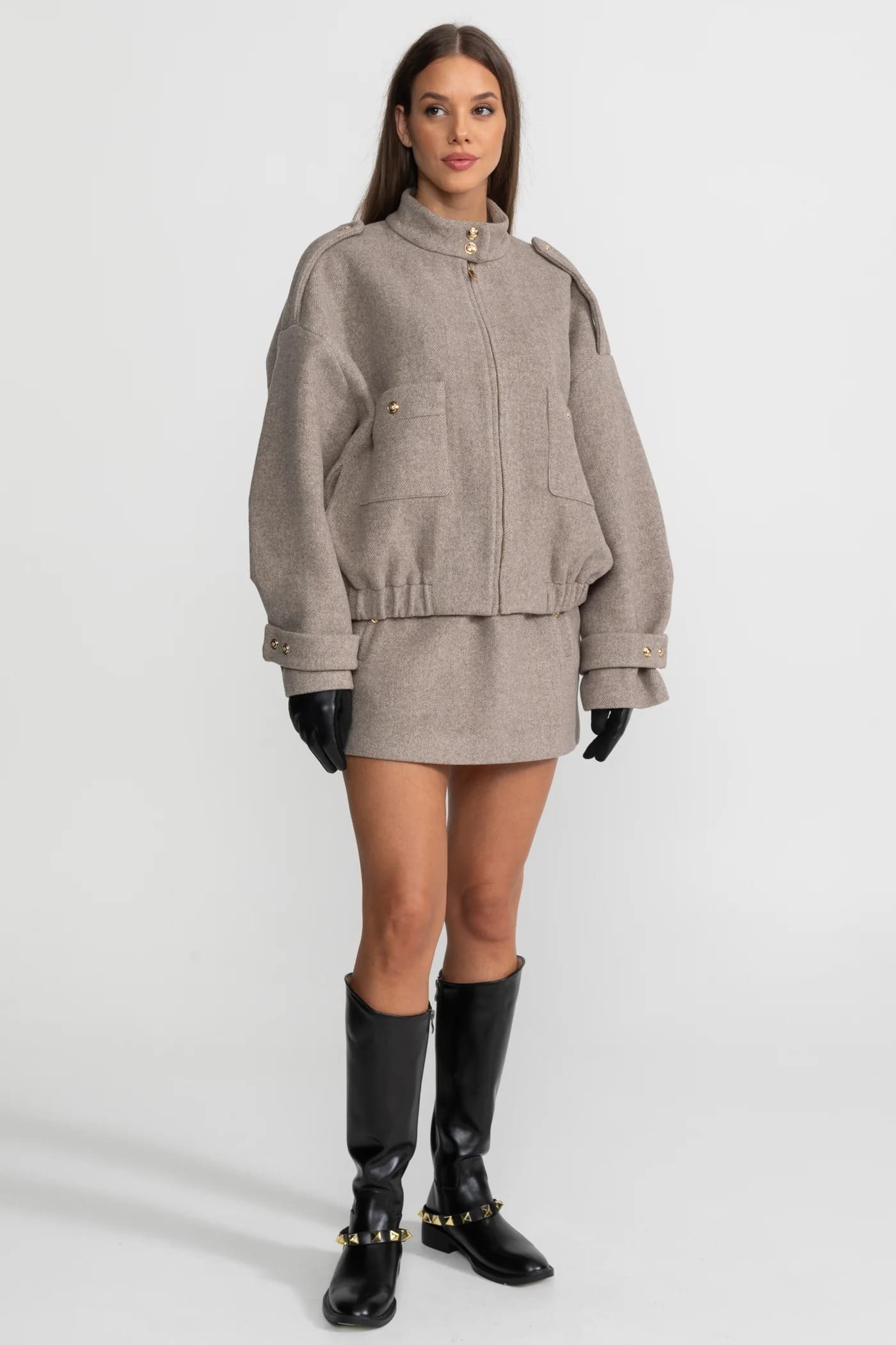 Two-Piece Set with High Neck Jacket and Mini Skirt - Gray