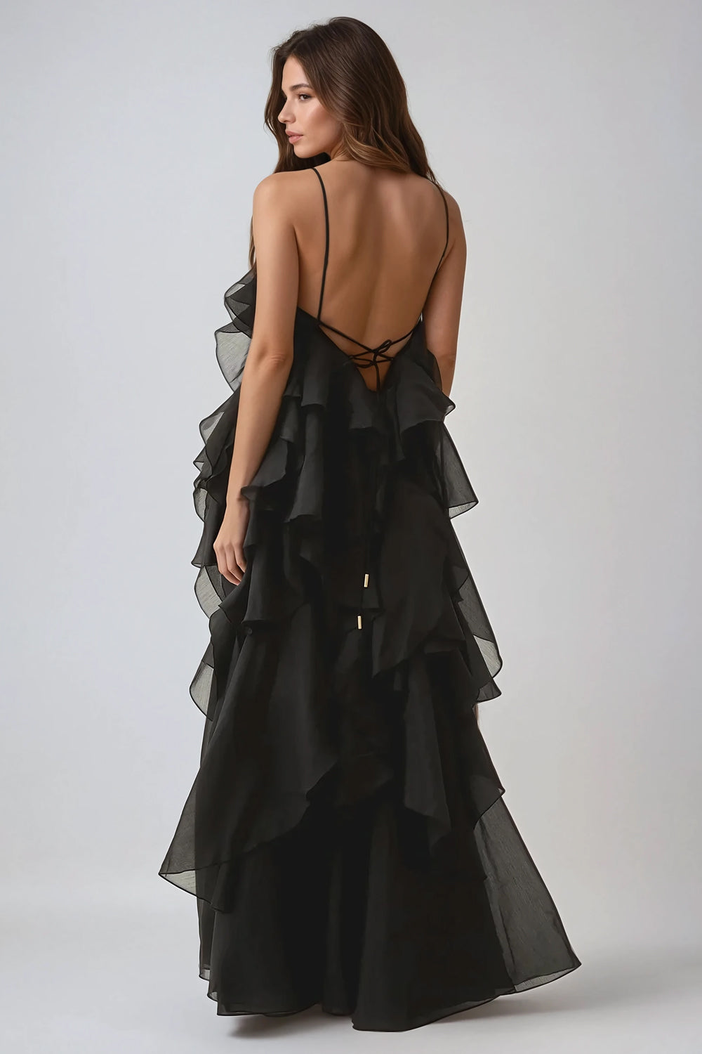 Layered Ruffle Halter Maxi Dress - Black