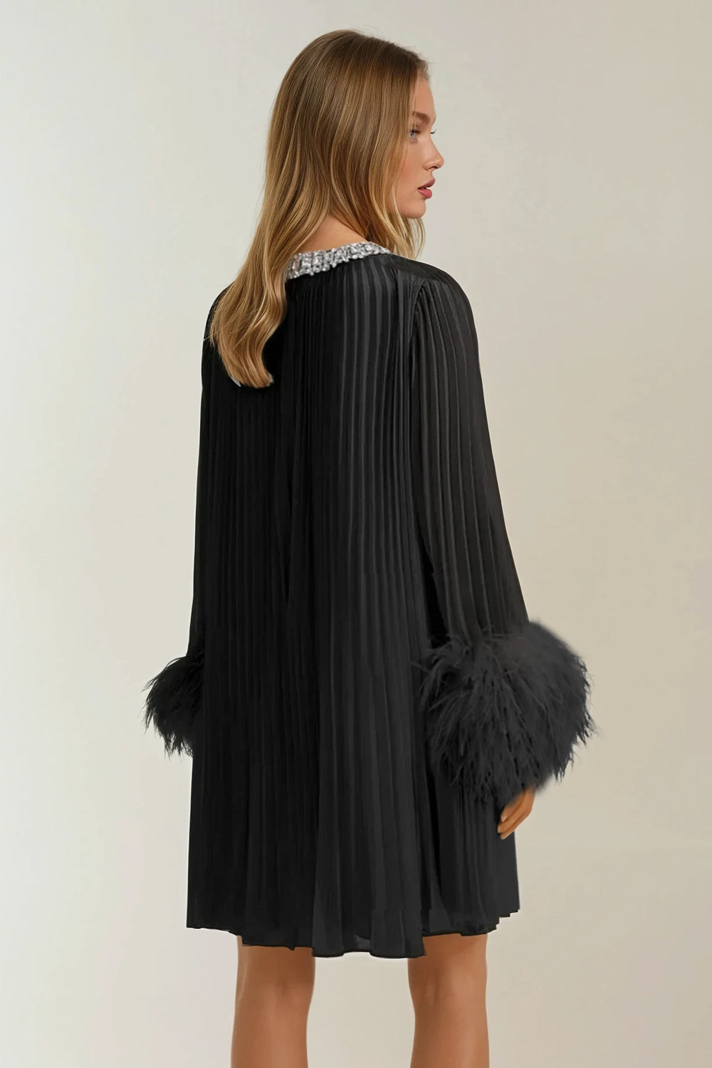 Pleated Mini Dress with Crystal Embellished and Feather Cuffs - Black