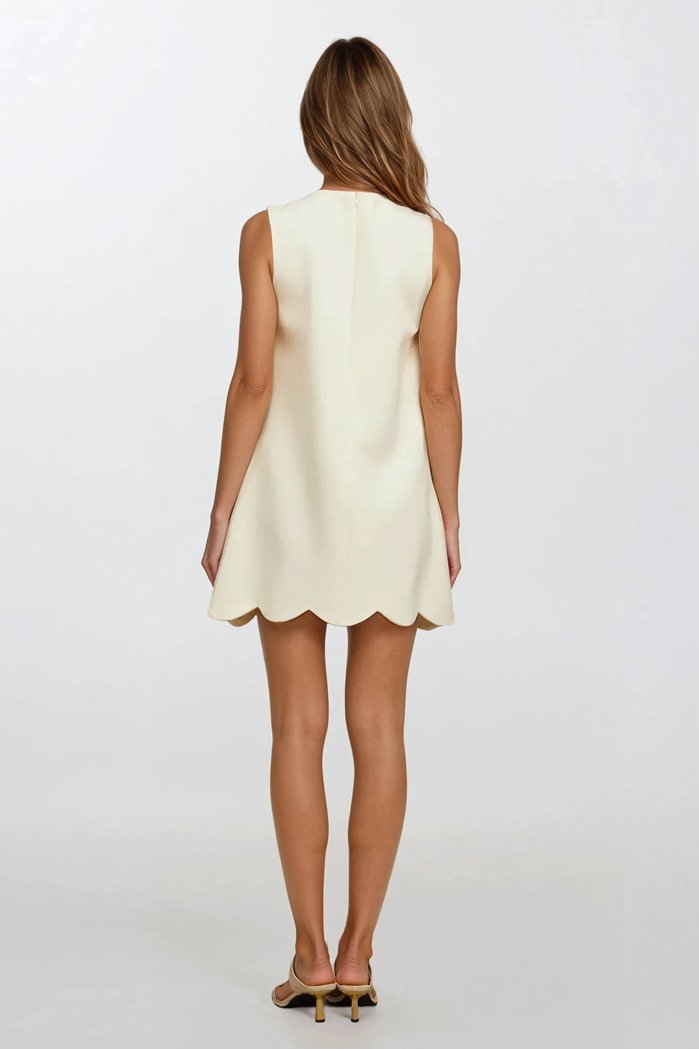 Sleeveless Scalloped Mini Dress with Bow Detail - White