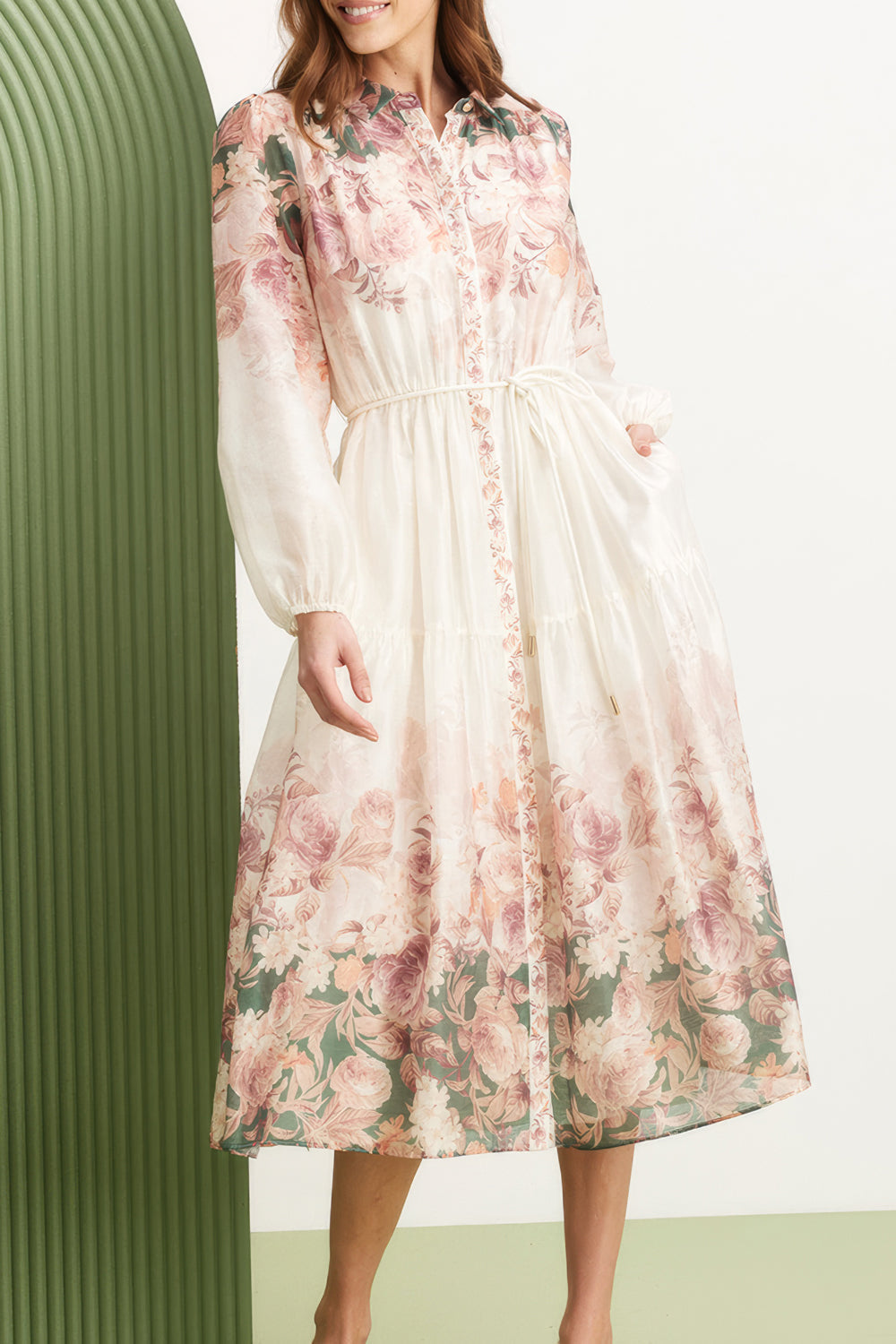 Floral Printed Long Sleeve Midi Dress with Tie Waist