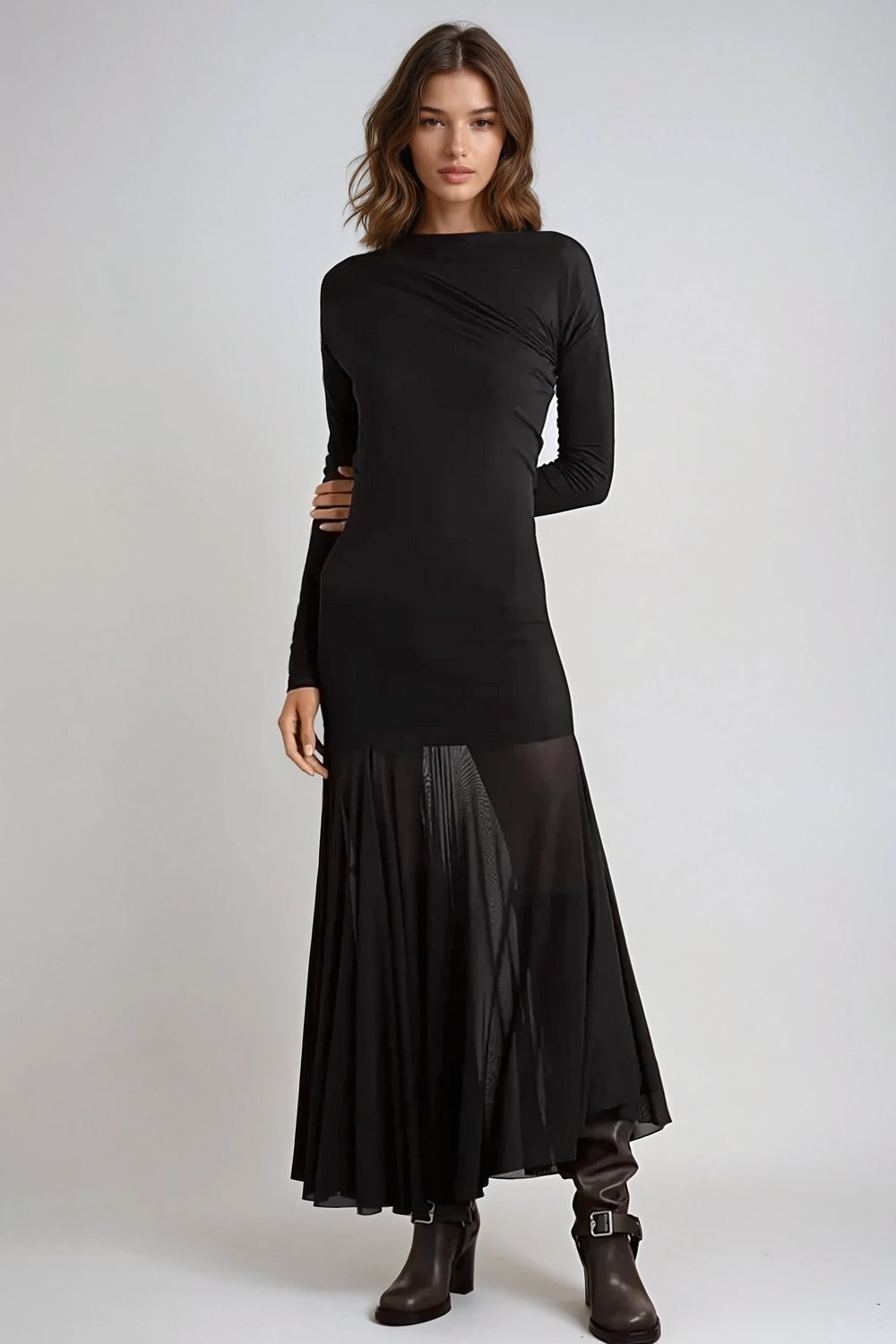 Long Sleeve Sheer Maxi Dress - Black