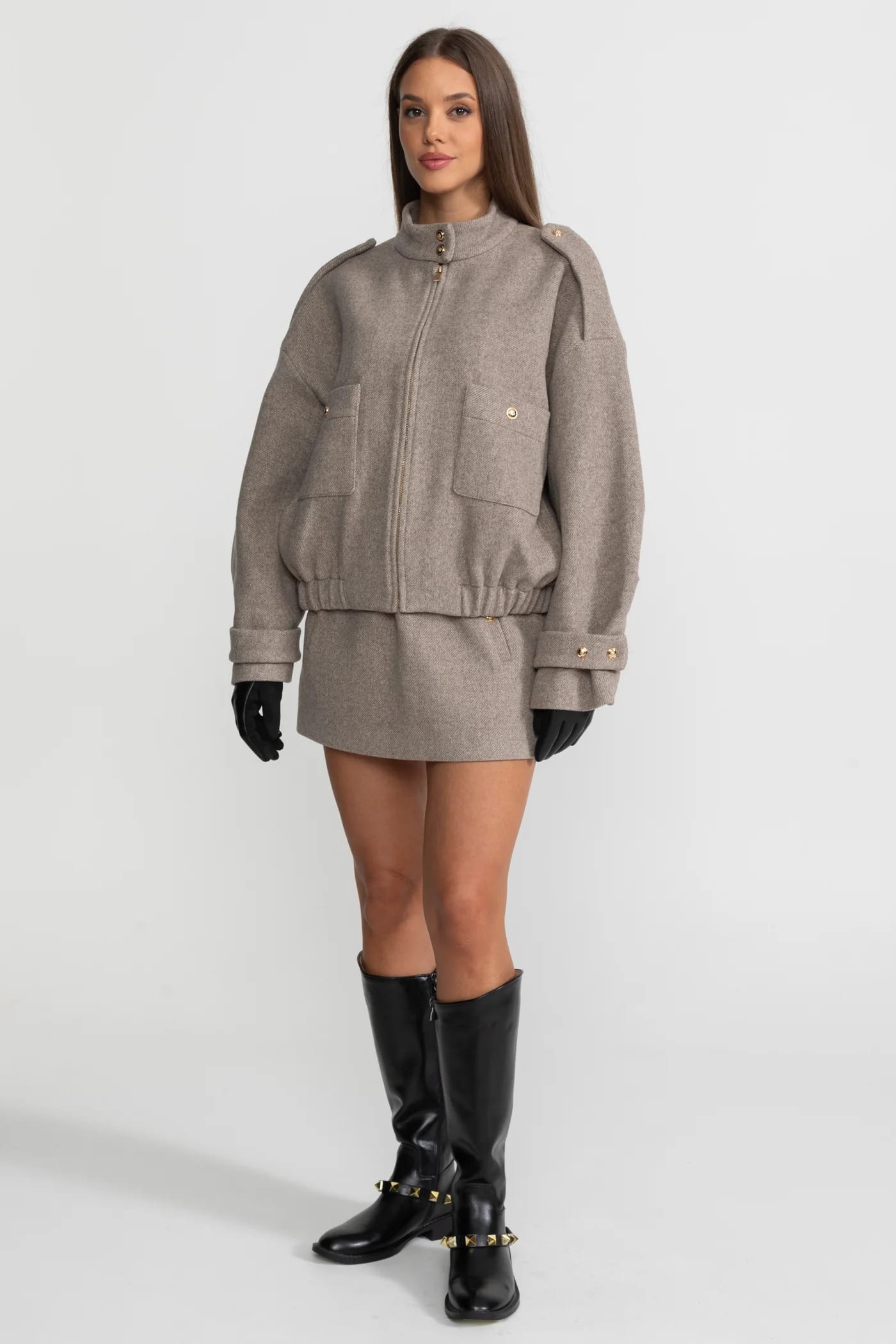 Two-Piece Set with High Neck Jacket and Mini Skirt - Gray