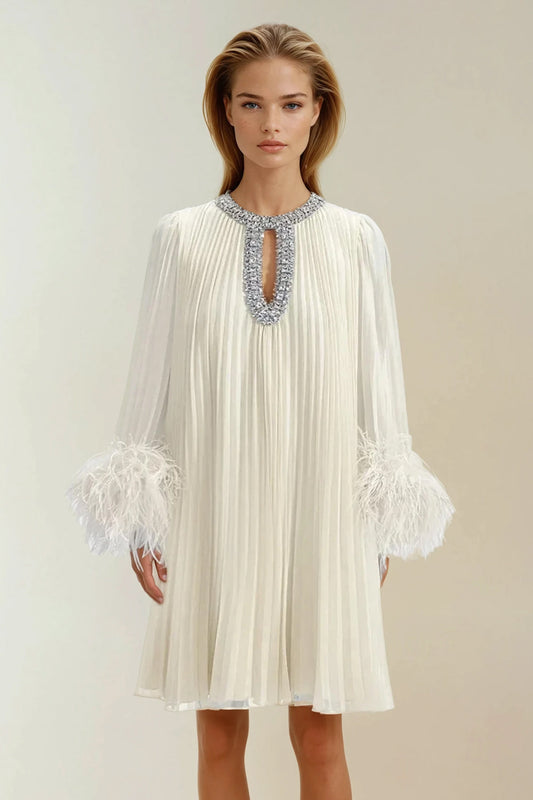 Pleated Mini Dress with Crystal Embellished and Feather Cuffs - Beige