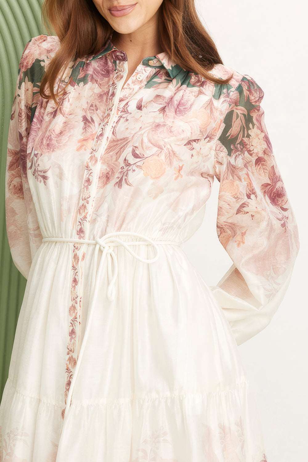 Floral Printed Long Sleeve Midi Dress with Tie Waist