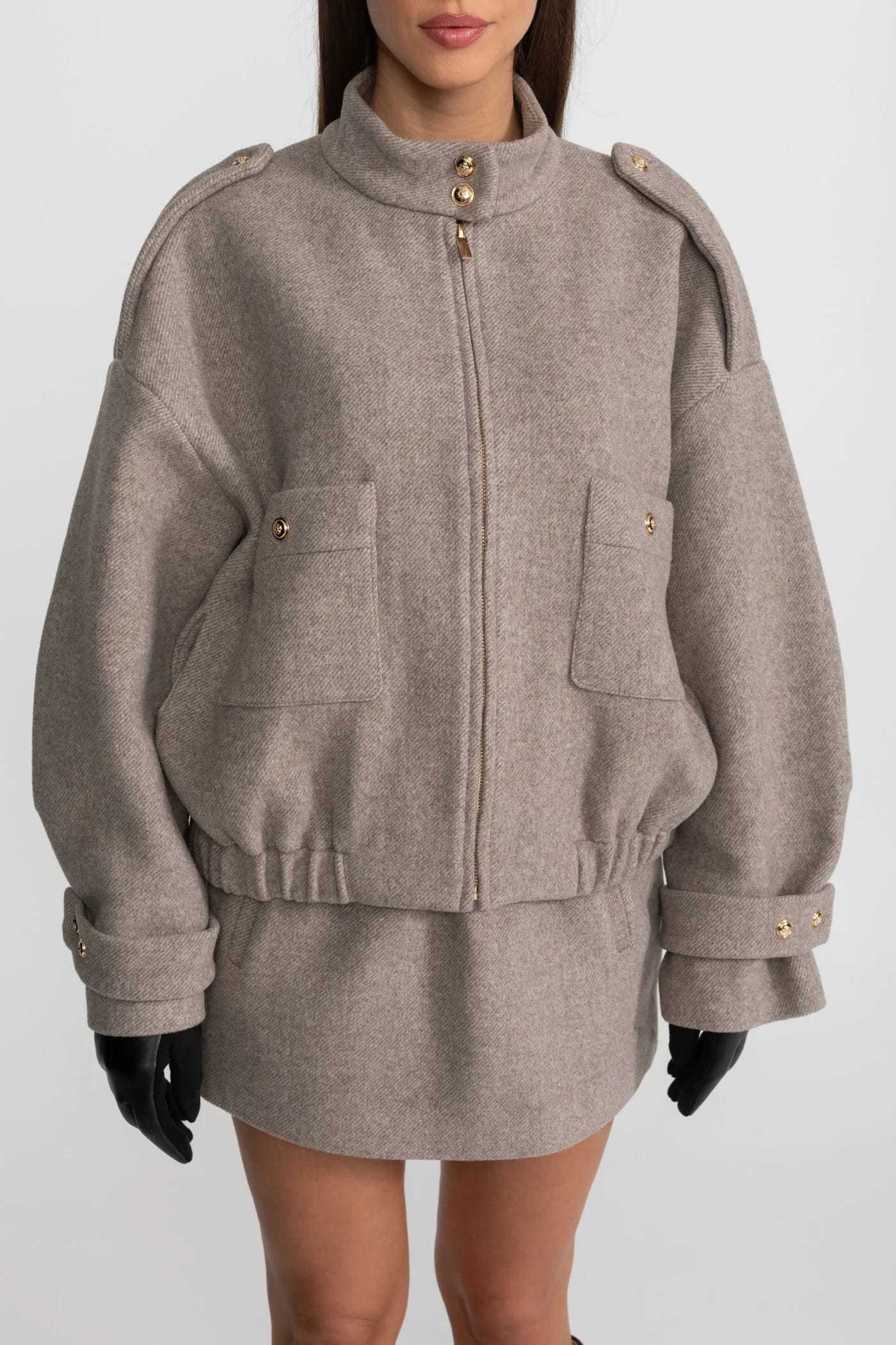 Two-Piece Set with High Neck Jacket and Mini Skirt - Gray