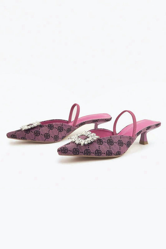 Pointed Toe Slingback Mules with Crystal Accent - Purple