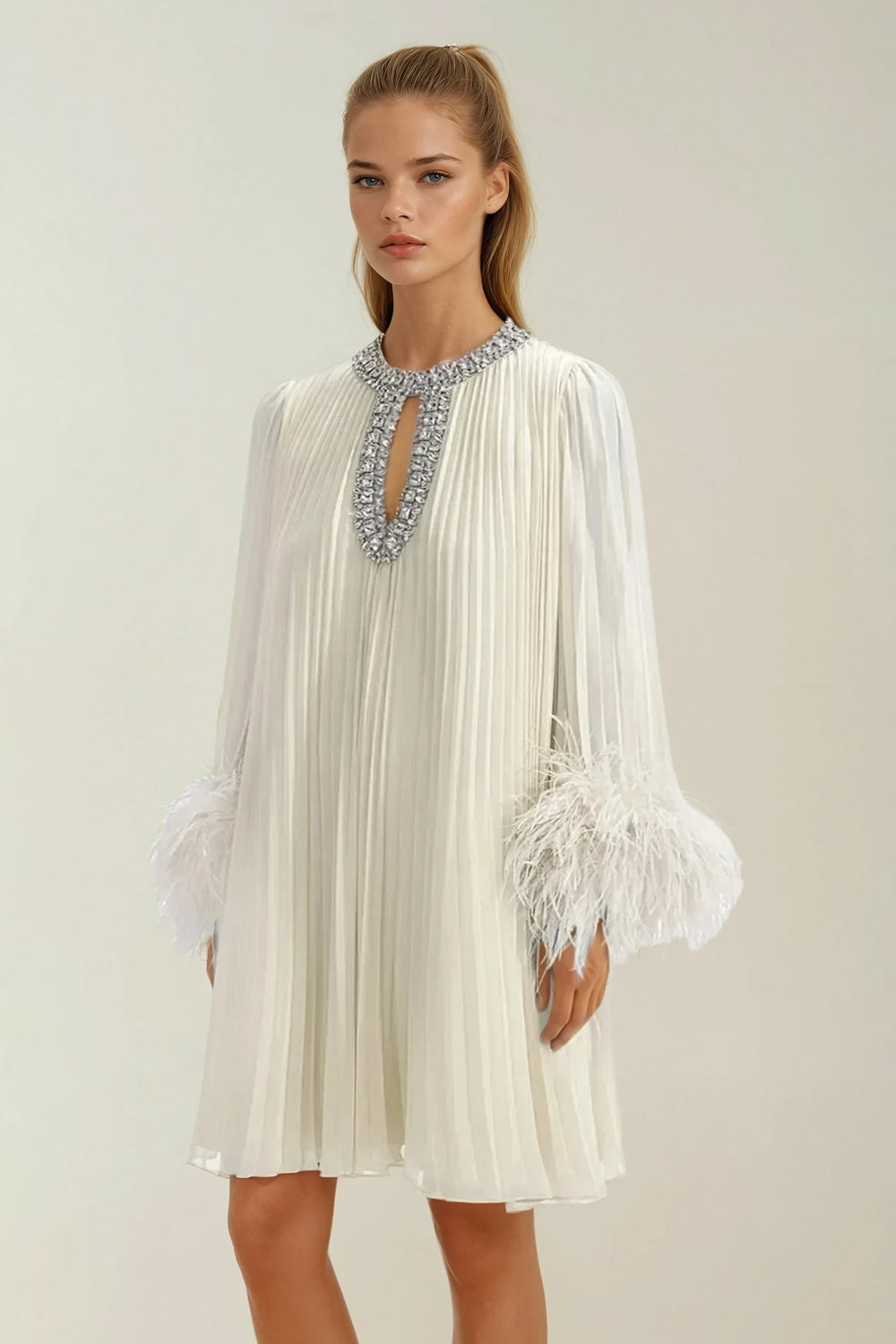 Pleated Mini Dress with Crystal Embellished and Feather Cuffs - Beige